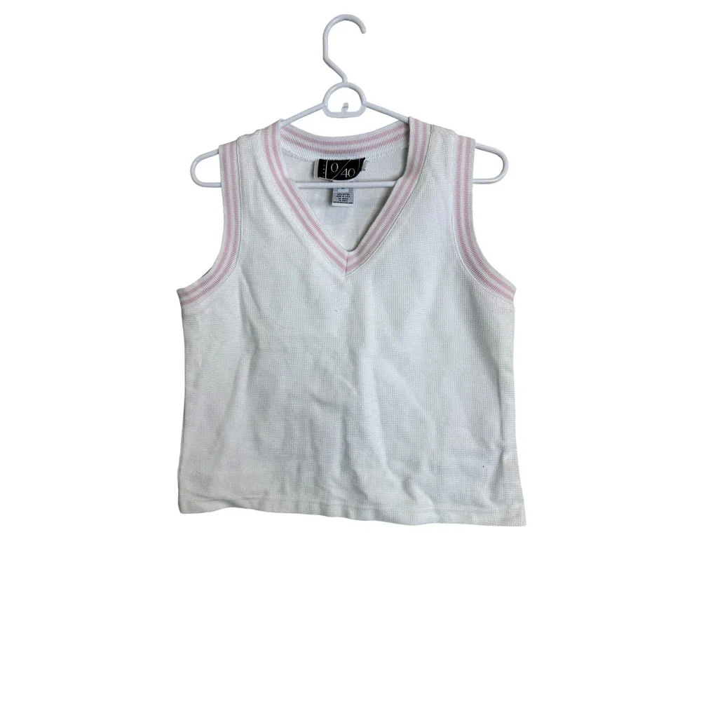 0/40 Sweater‎ Vest Womens Large White Waffle Knit V Neck Pink Trim Cotton Y2K